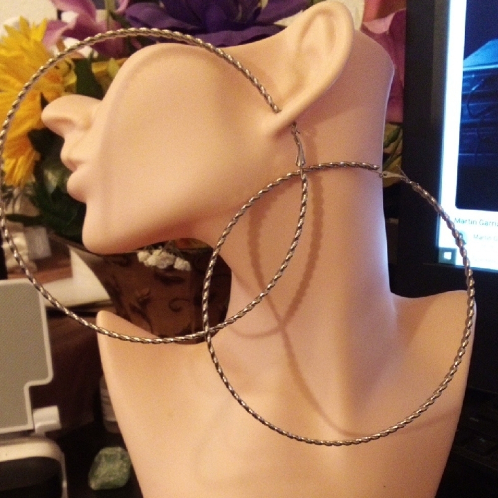 Large Twisted Hoop Earrings in Silver Tone